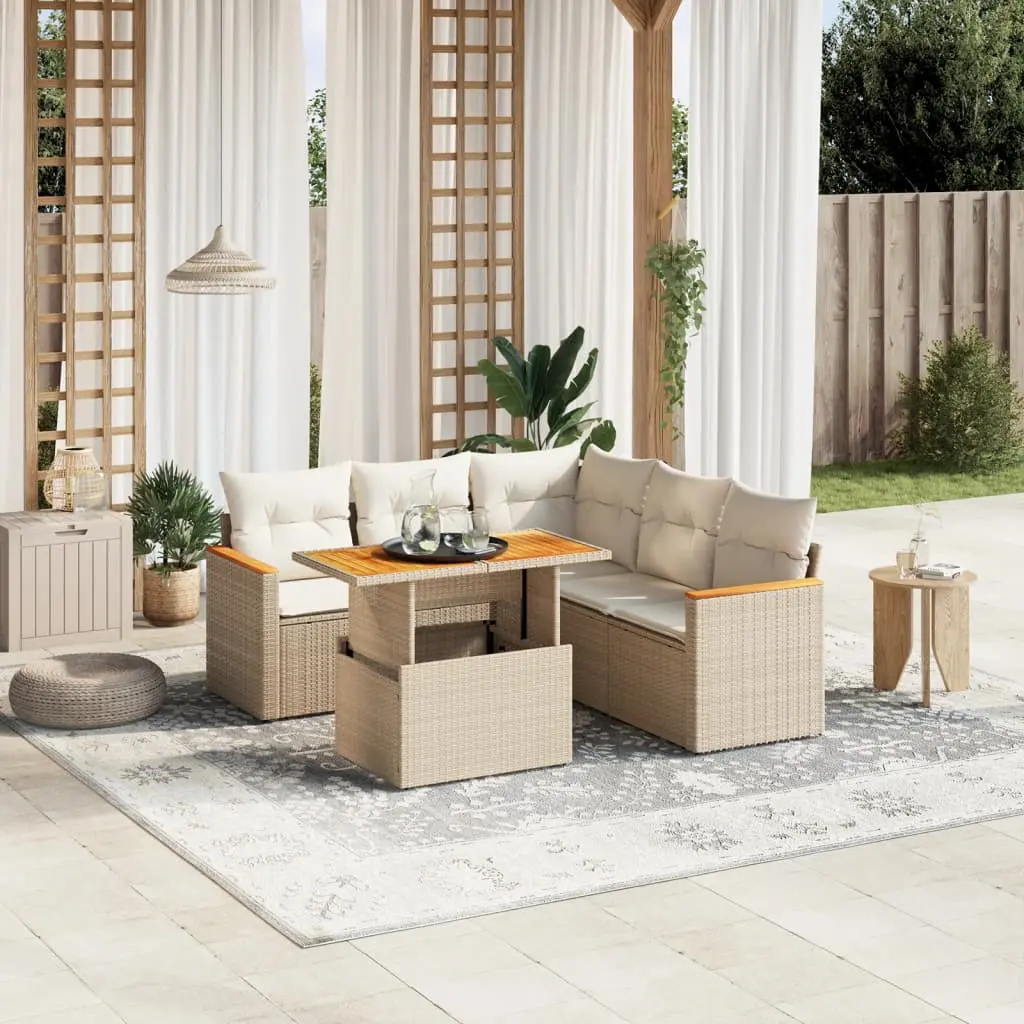 Set Divano da Giardino 6 pz con Cuscini Beige in Polyrattan