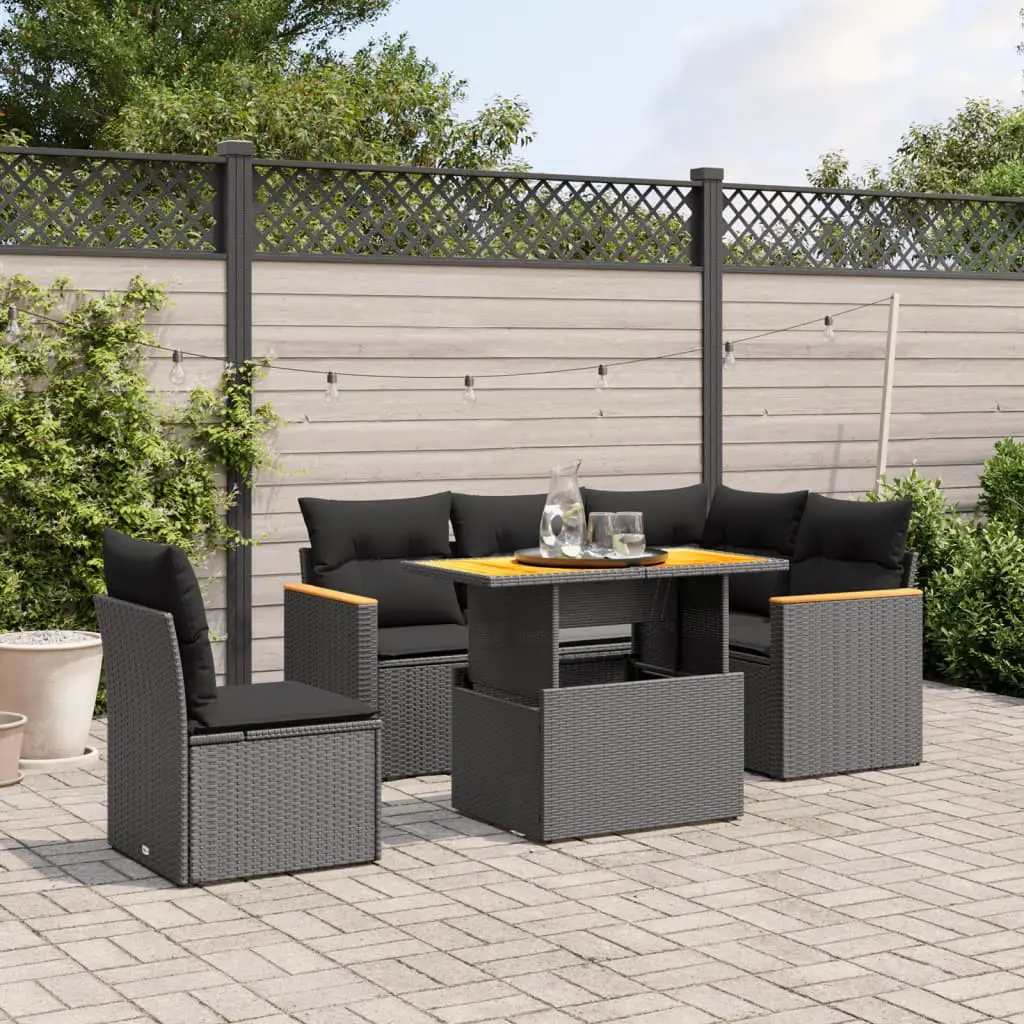 Set Divano da Giardino 6 pz con Cuscini Nero in Polyrattan