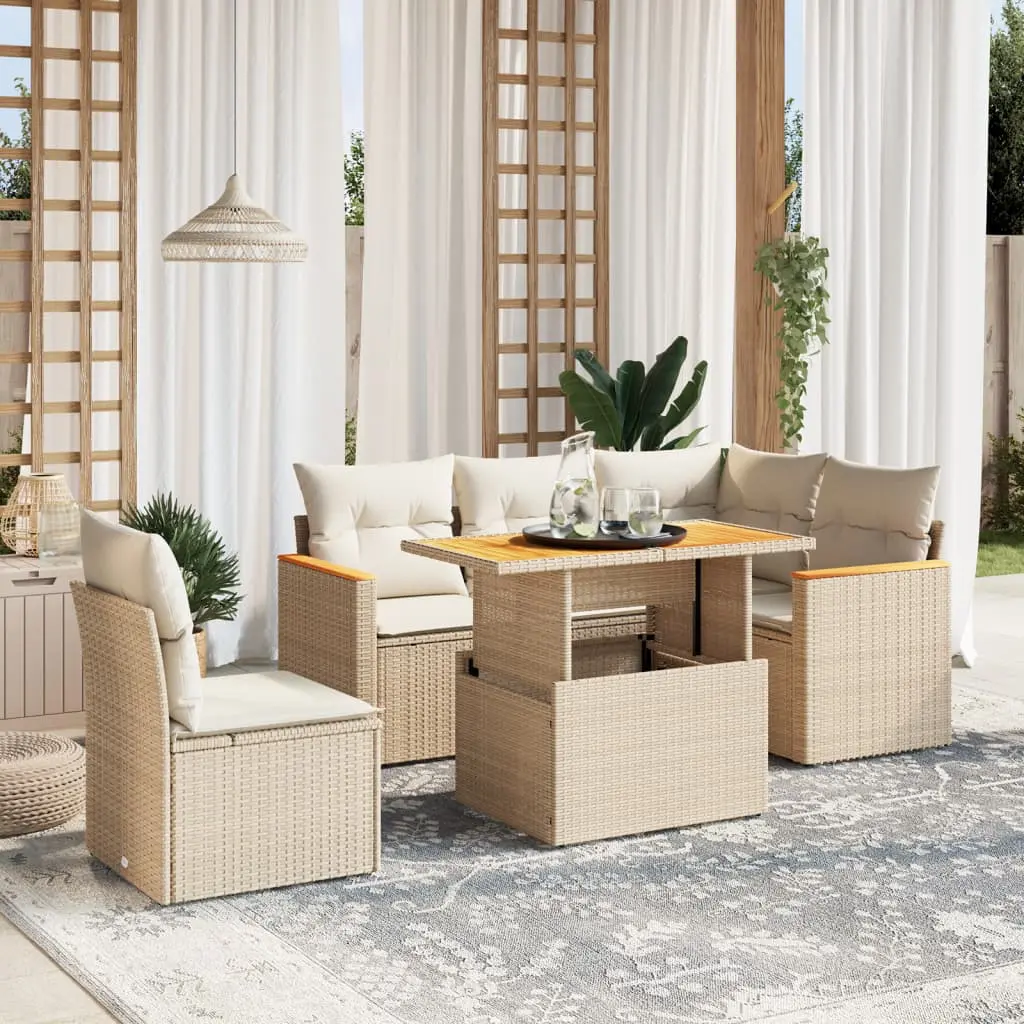 Set Divano da Giardino 6 pz con Cuscini Beige in Polyrattan