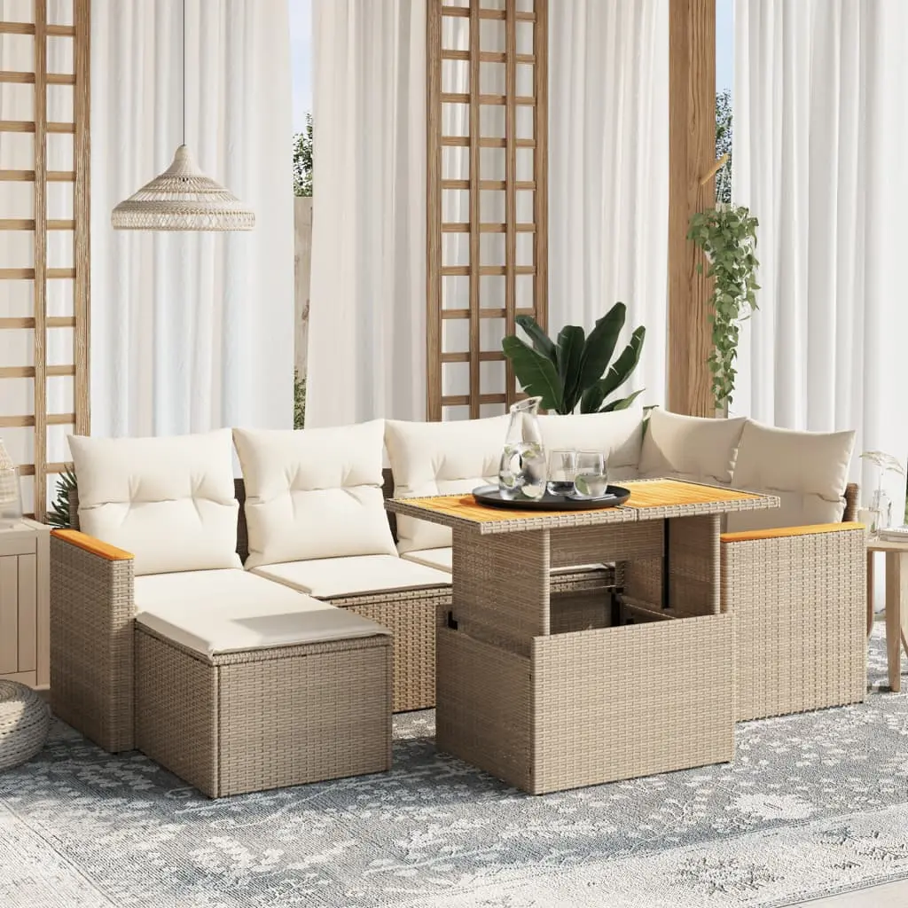 Set Divani da Giardino 7 pz con Cuscini Beige in Polyrattan