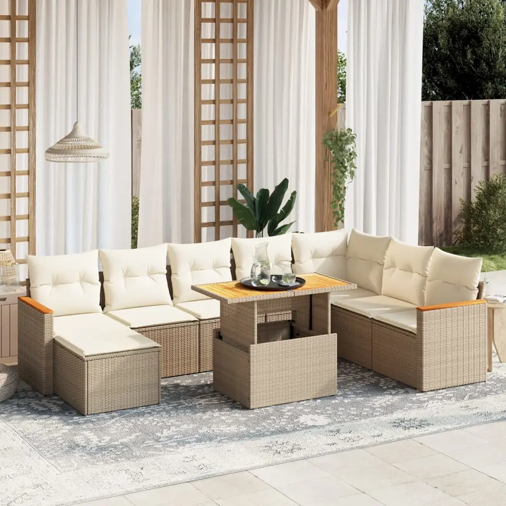 Set Divano da Giardino 9 pz con Cuscini Beige in Polyrattan