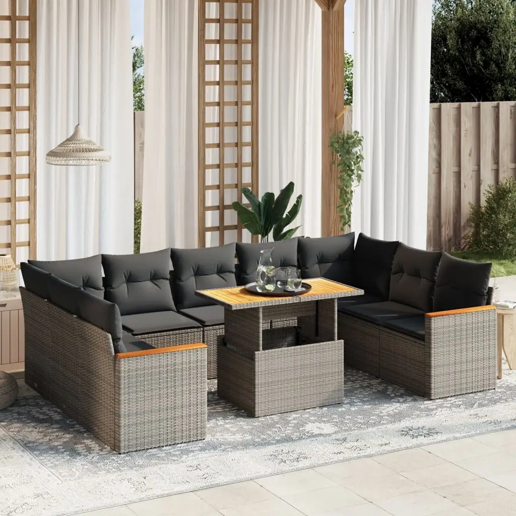 Set Divano da Giardino 10 pz con Cuscini Grigio in Polyrattan