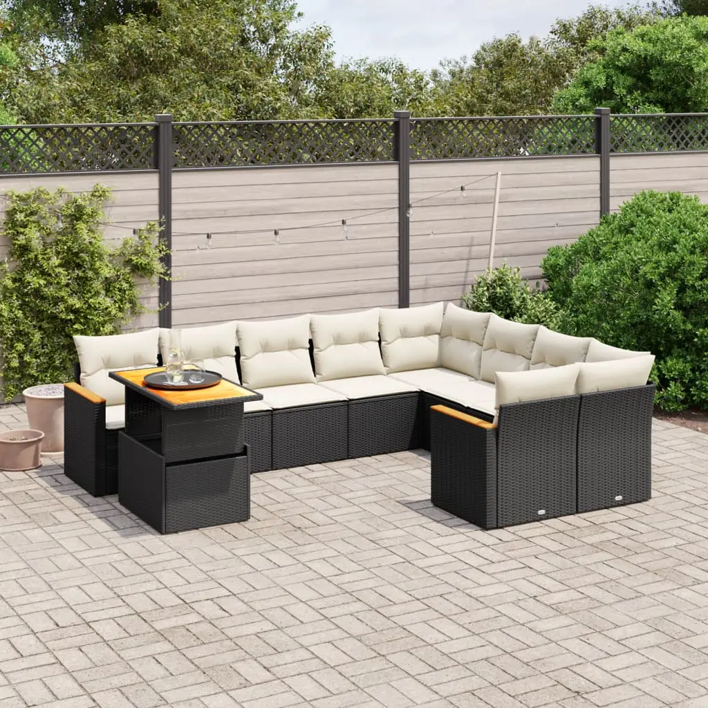 Set Divani da Giardino 10pz con Cuscini in Polyrattan Nero