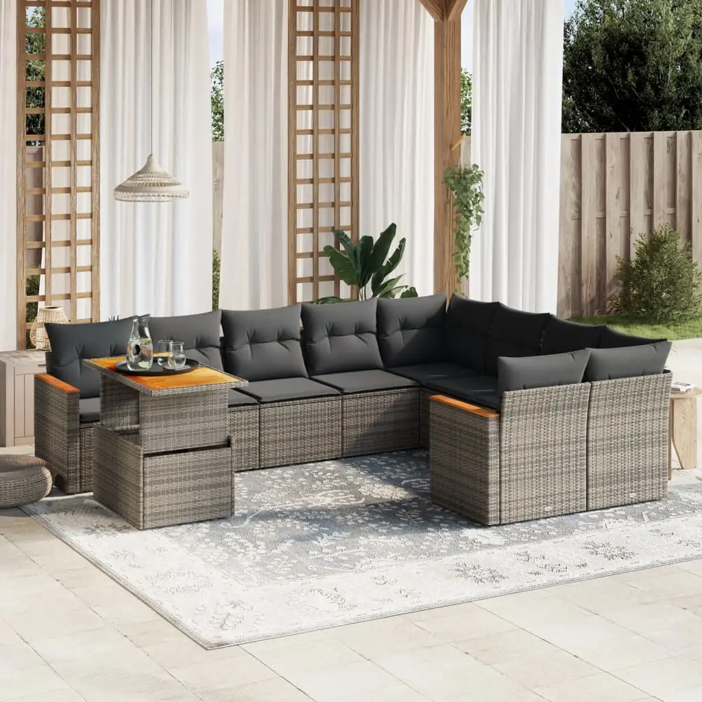 Set Divano da Giardino 10 pz con Cuscini Grigio in Polyrattan