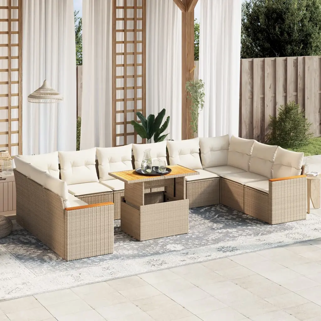 Set Divani da Giardino 11 pz con Cuscini Beige in Polyrattan