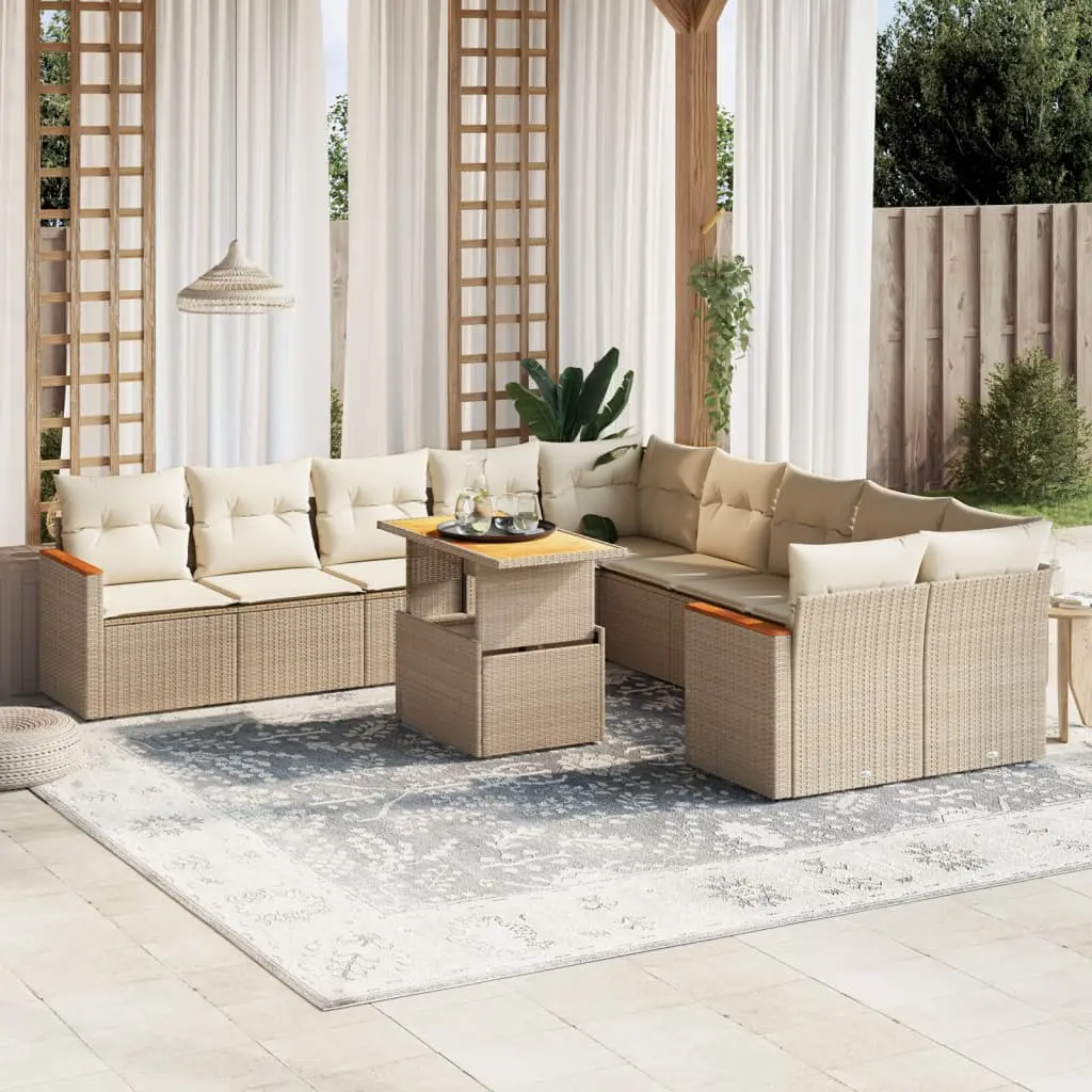 Set Divani da Giardino 11 pz con Cuscini Beige in Polyrattan