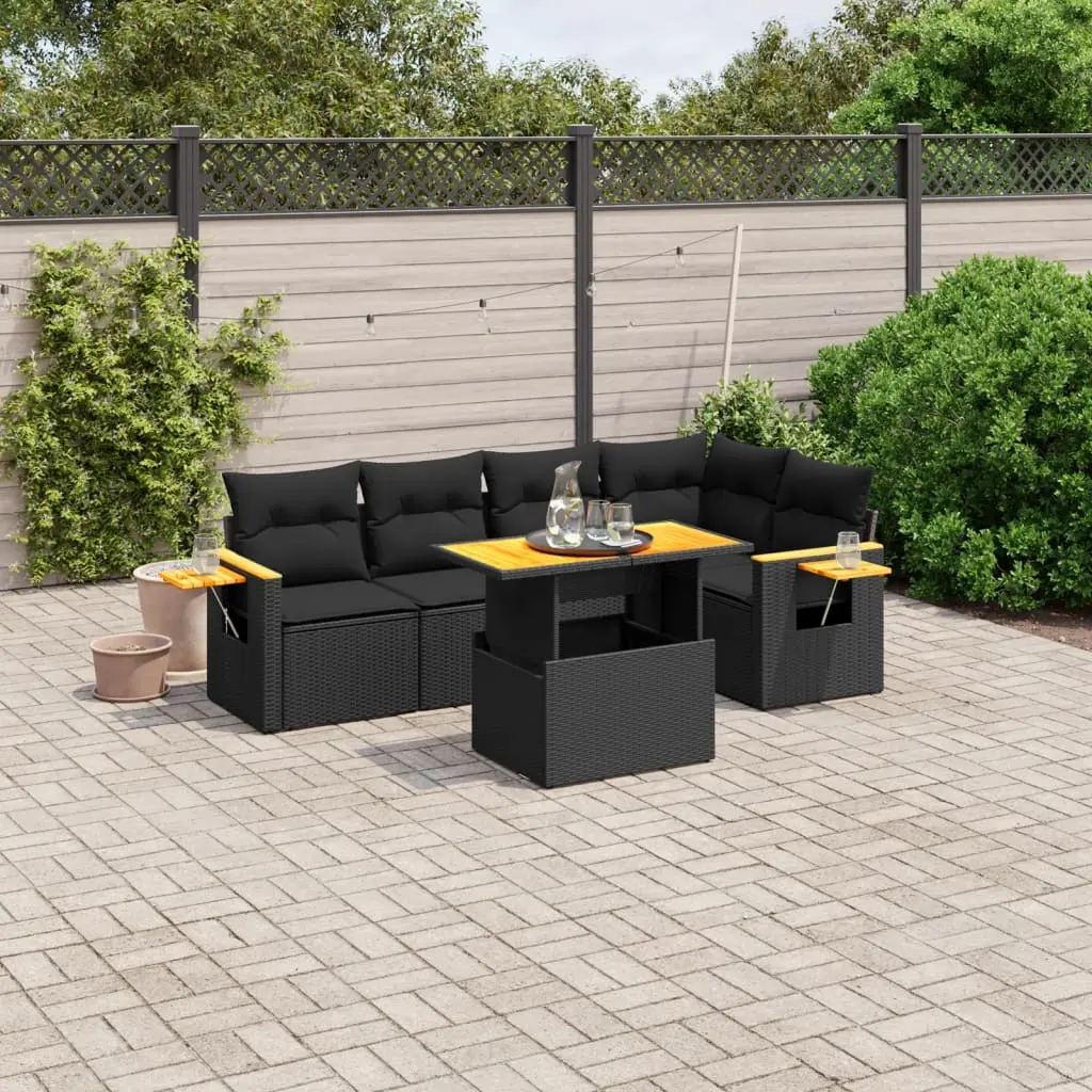 Set Divano da Giardino 6 pz con Cuscini Nero in Polyrattan