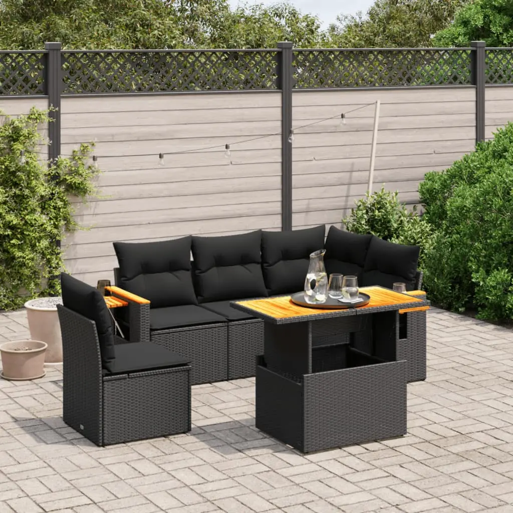 Set Divano da Giardino 6 pz con Cuscini Nero in Polyrattan