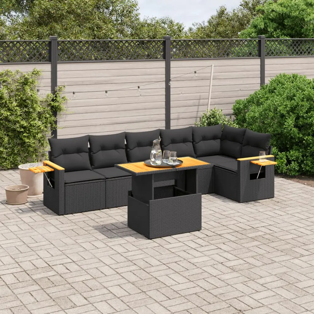 Set Divani da Giardino con Cuscini 7pz Nero Polyrattan