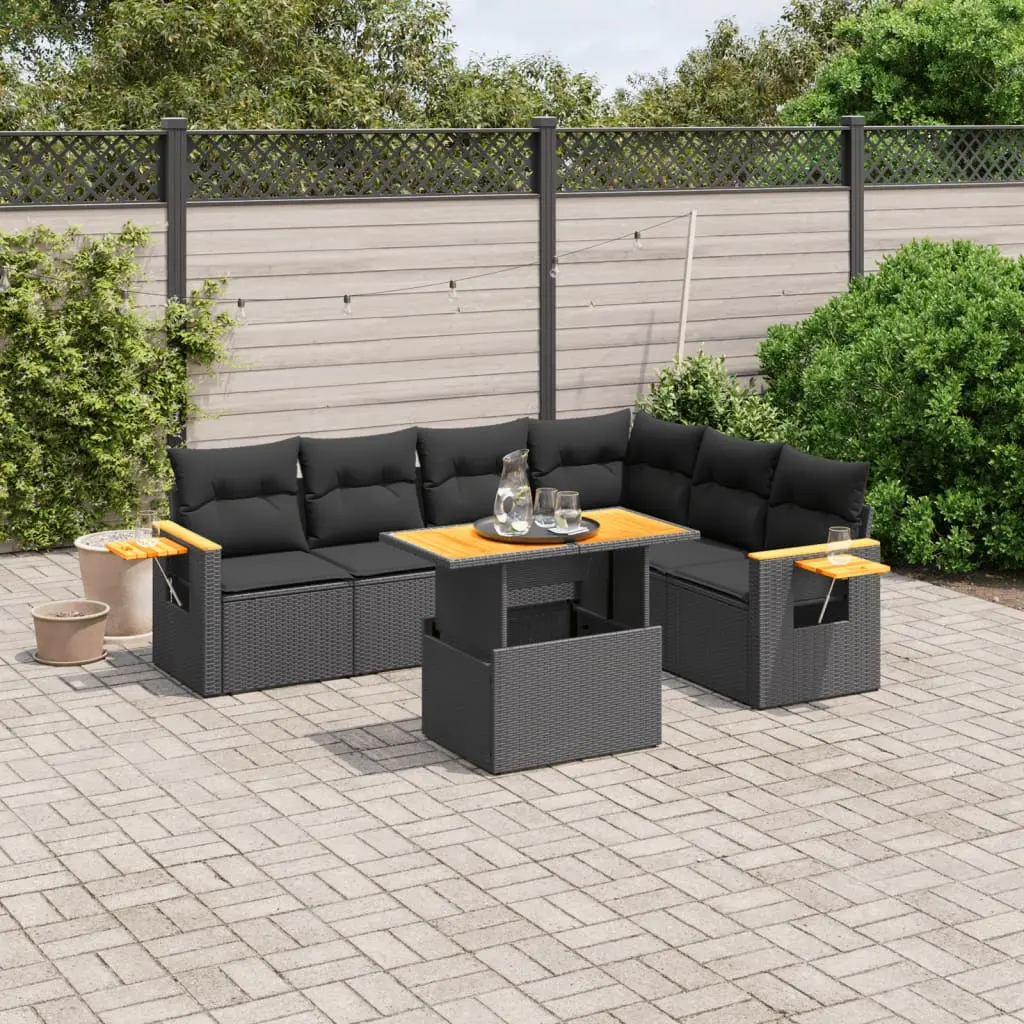 Set Divani da Giardino con Cuscini 7pz Nero Polyrattan