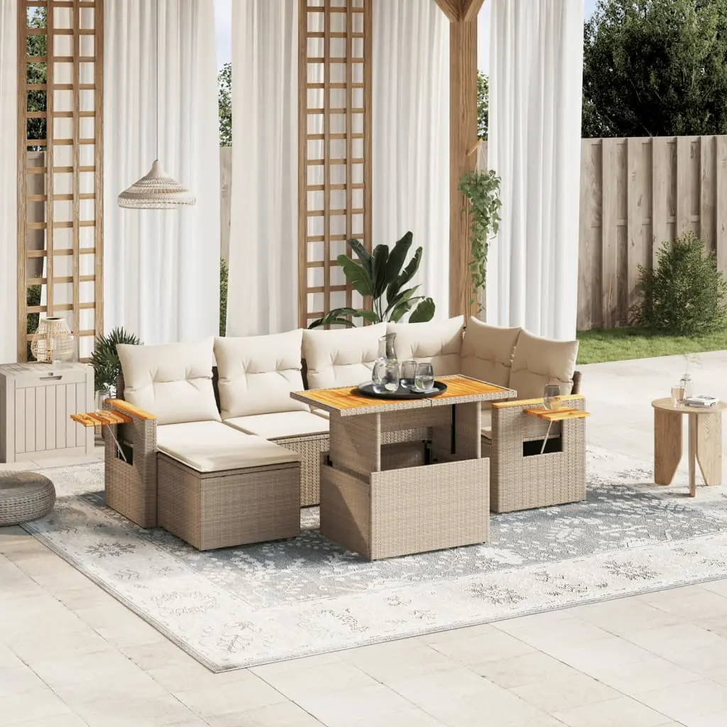 Set Divani da Giardino 7 pz con Cuscini Beige in Polyrattan