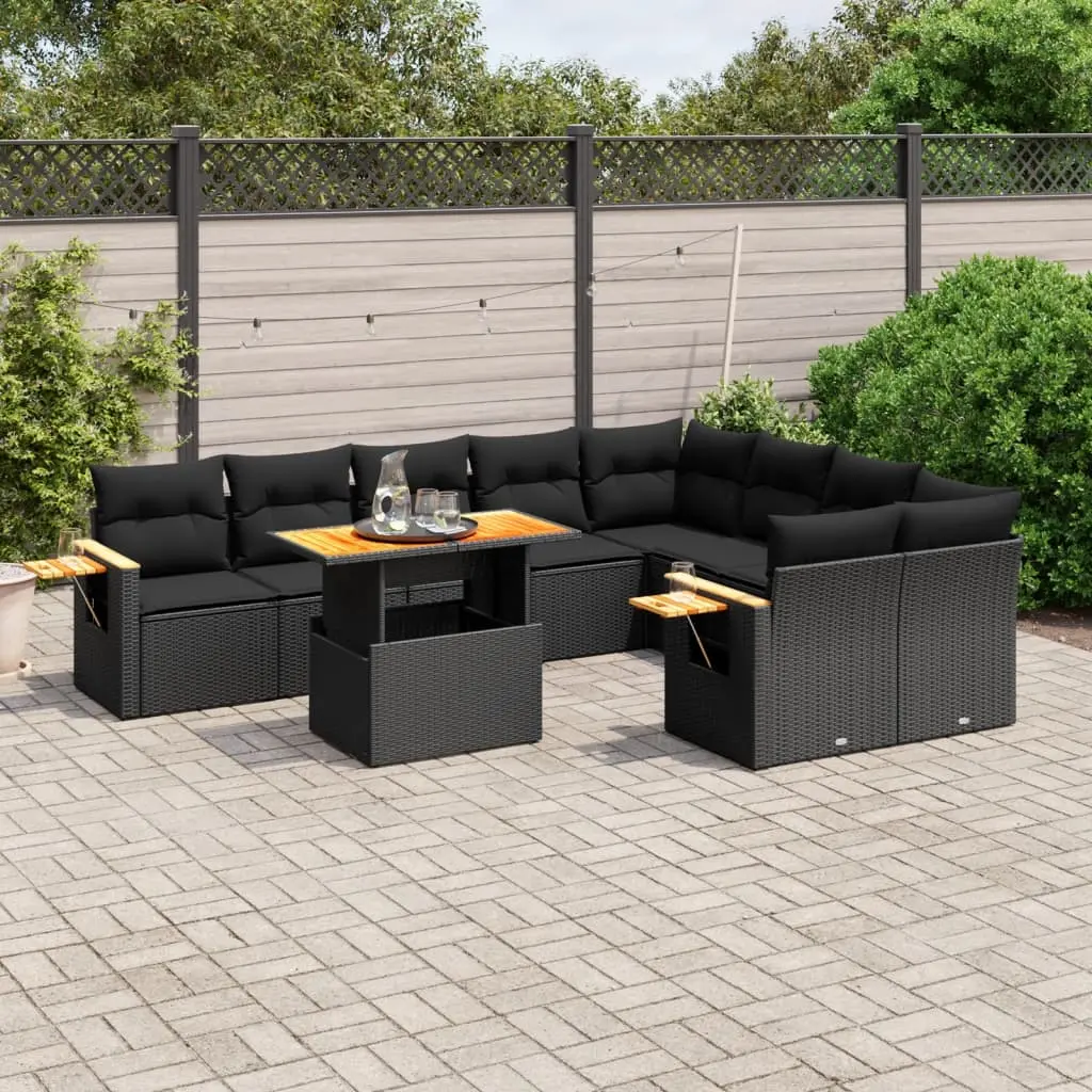 Set Divani da Giardino 10pz con Cuscini in Polyrattan Nero