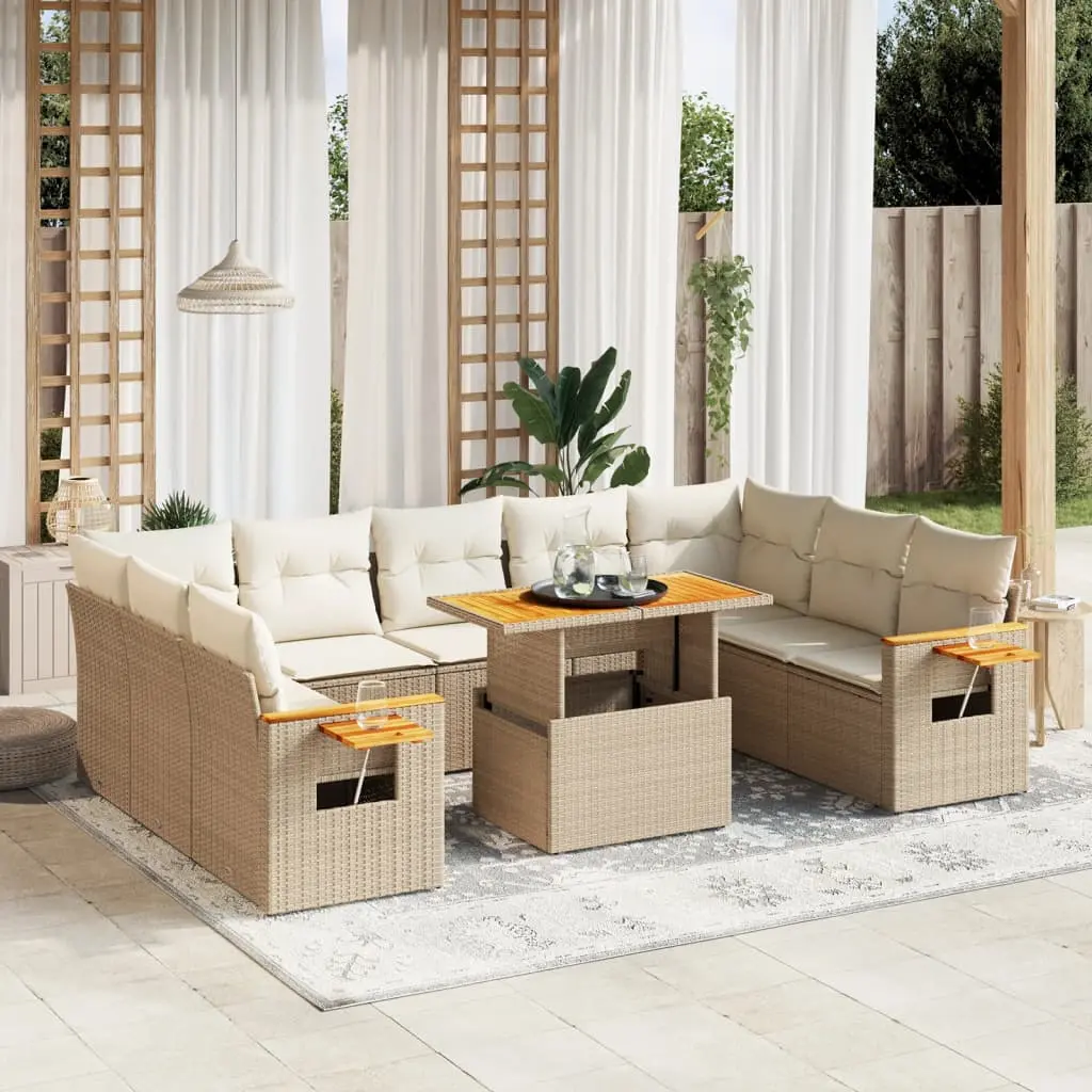 Set Divani da Giardino 11 pz con Cuscini Beige in Polyrattan