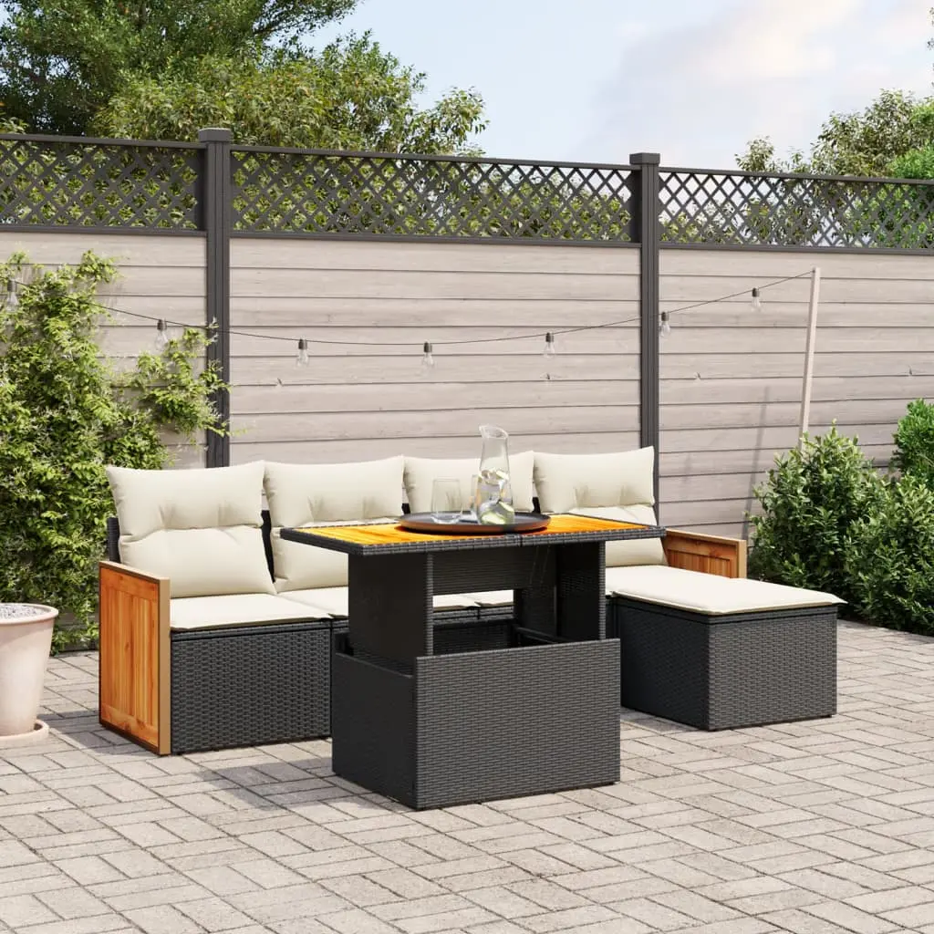 Set Divano da Giardino 6 pz con Cuscini Nero in Polyrattan