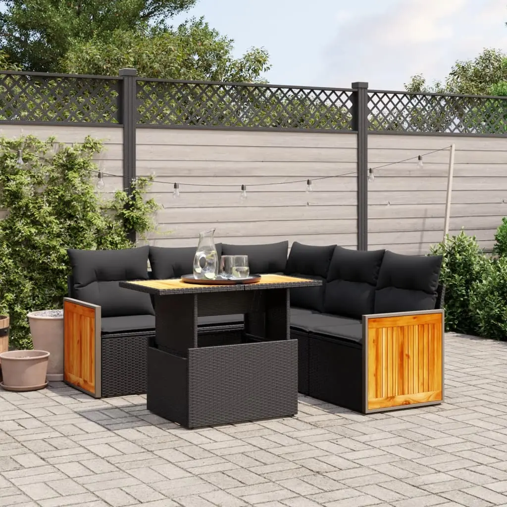 Set Divano da Giardino 6 pz con Cuscini Nero in Polyrattan