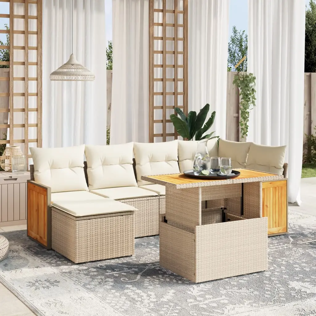 Set Divani da Giardino 7 pz con Cuscini Beige in Polyrattan