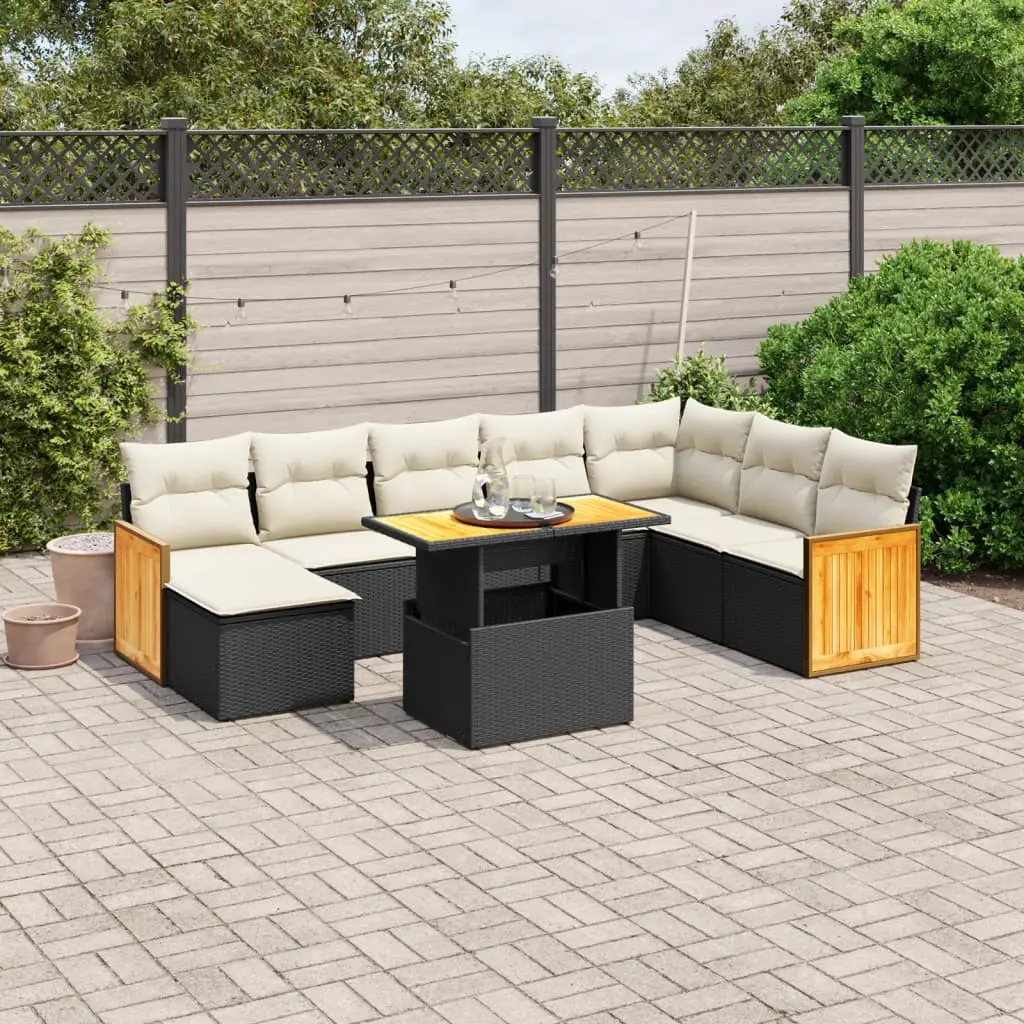 Set Divani da Giardino 9 pz con Cuscini Nero in Polyrattan