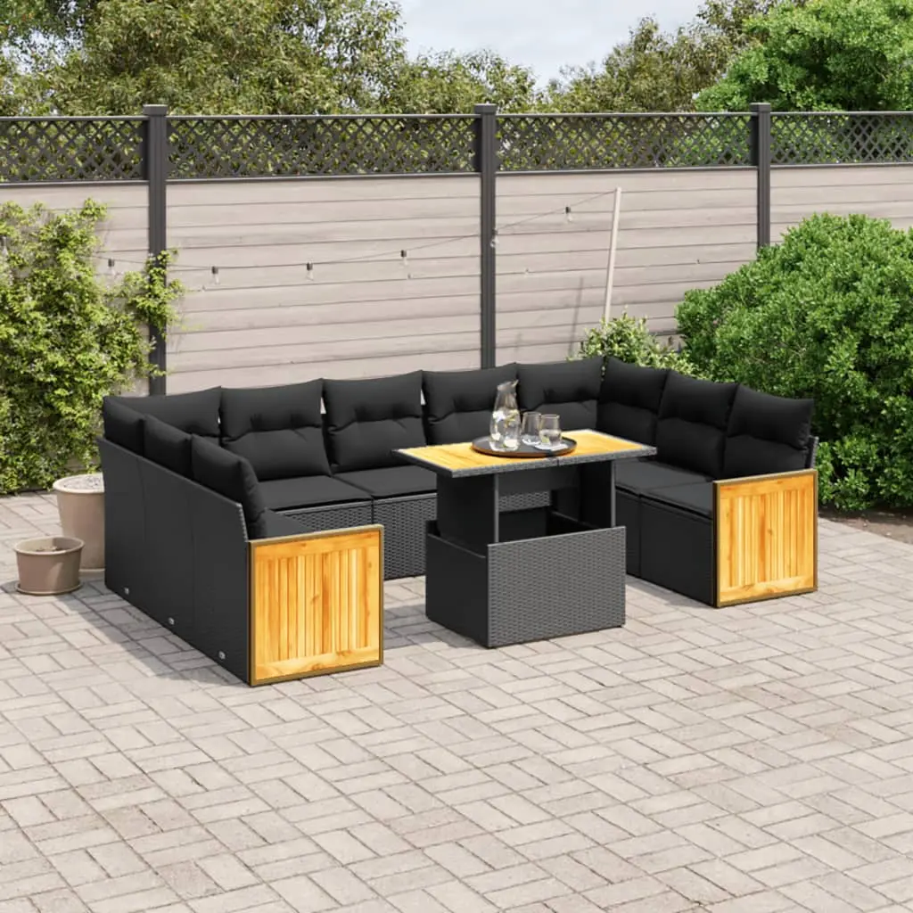 Set Divani da Giardino 10pz con Cuscini in Polyrattan Nero