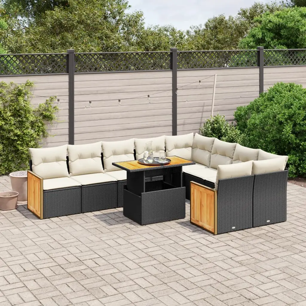 Set Divani da Giardino 10pz con Cuscini in Polyrattan Nero