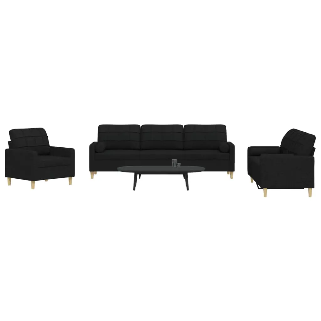 Set Divani 3 pz con Cuscini Decorativi Nero in Tessuto