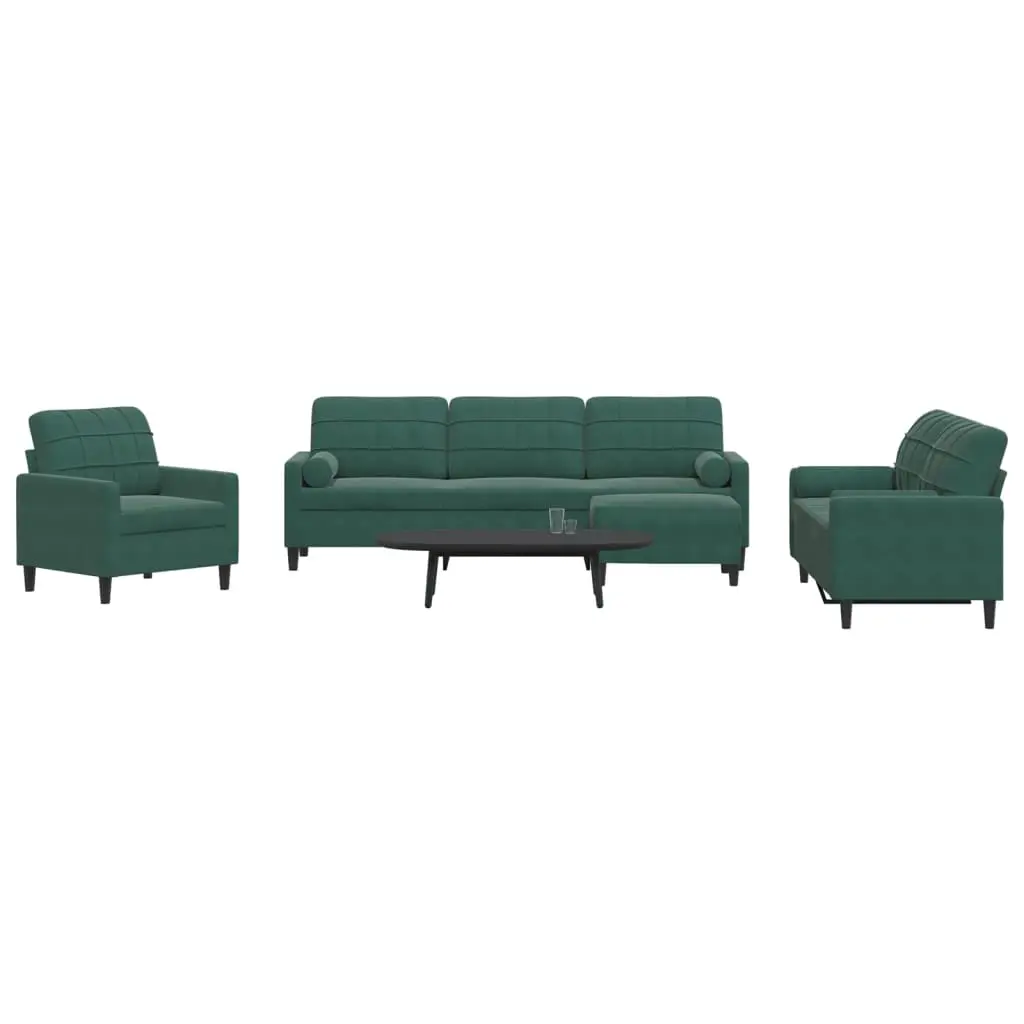 Set di Divani 4 pz con Cuscini e Rinforzi Verde scuro Velluto