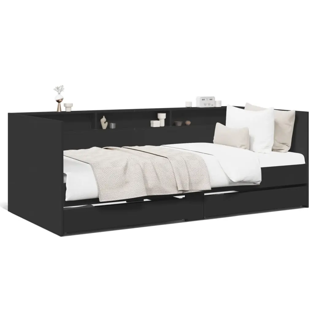 Divano Letto con Cassetti Nero 100x200 cm in Legno Multistrato