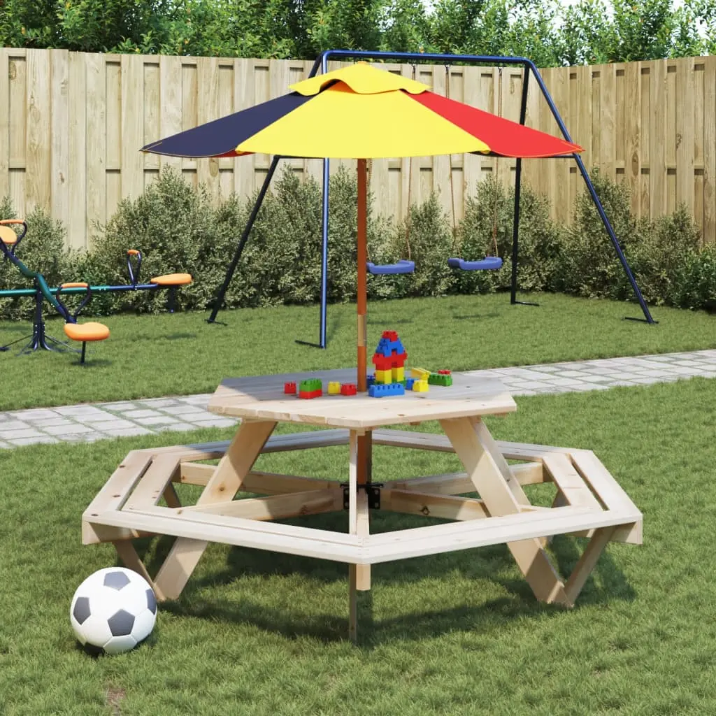 Tavolo Picnic per 6 Bambini con Ombrellone Esagono Legno Abete