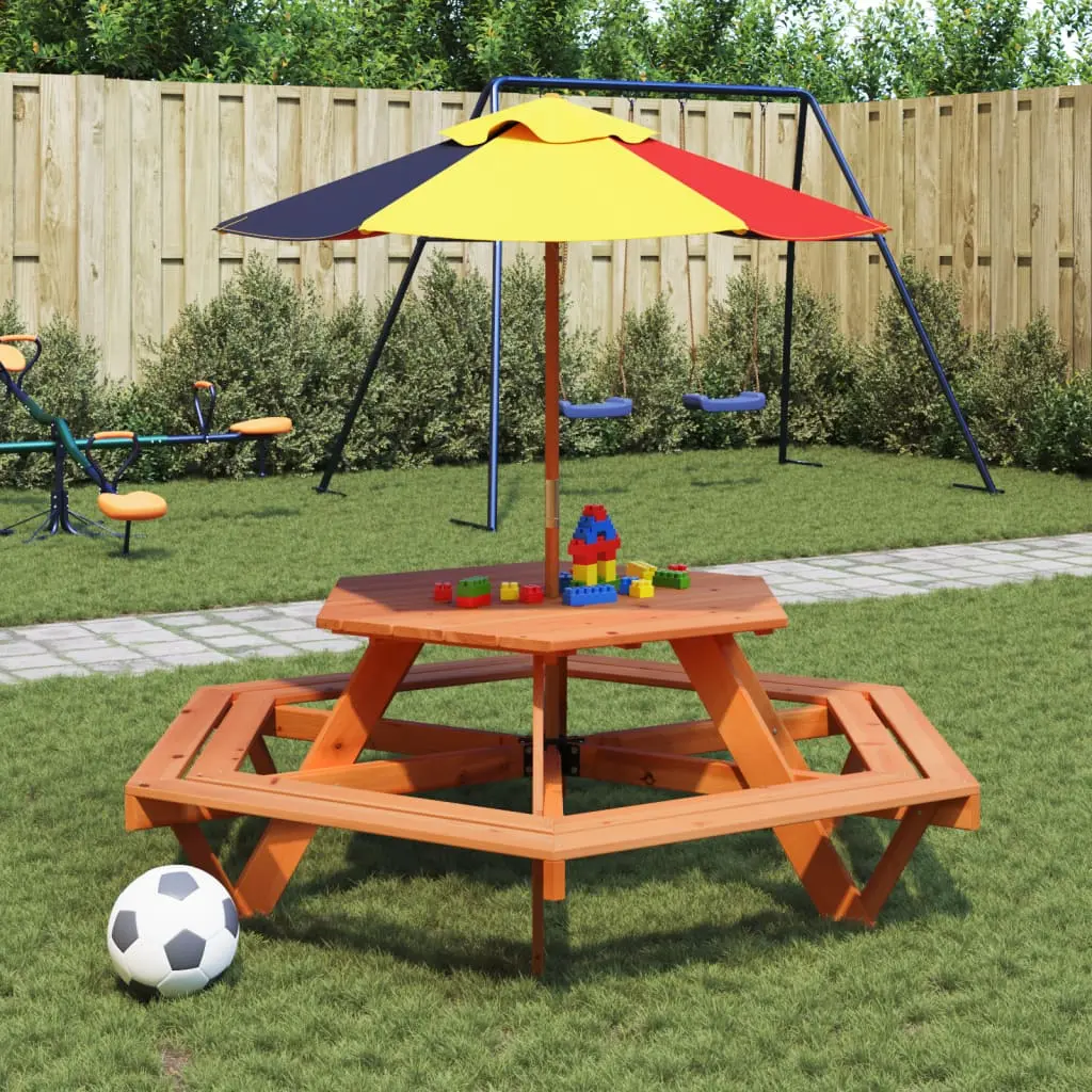 Tavolo Picnic per 6 Bambini con Ombrellone Esagono Legno Abete