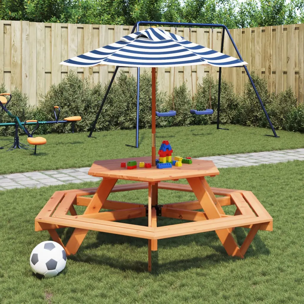 Tavolo Picnic per 6 Bambini con Ombrellone Esagono Legno Abete