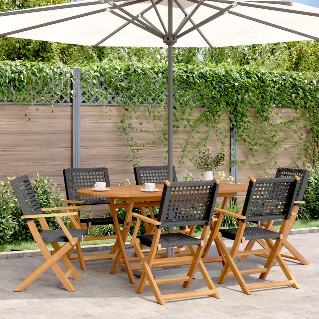 Set Pranzo Giardino 7 pz Nero in Polyrattan e Legno Massello