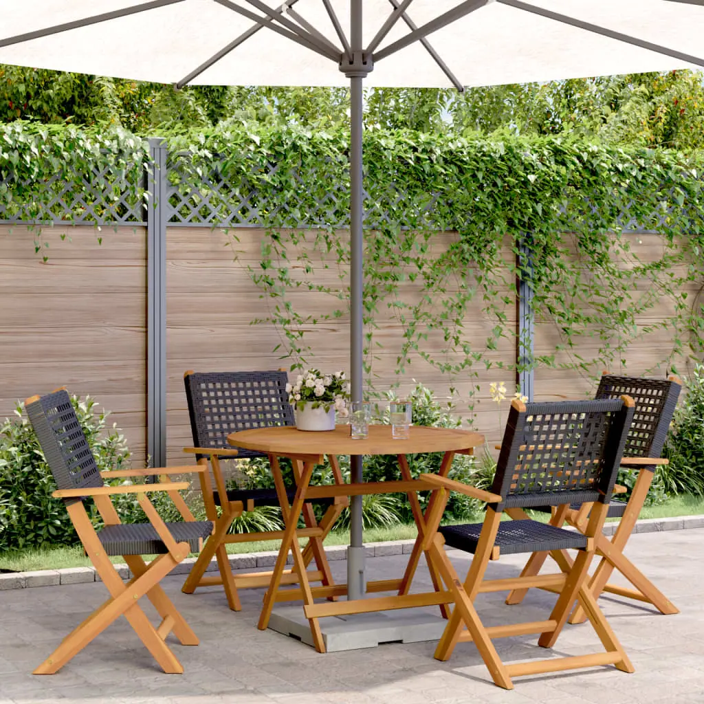 Set da Pranzo per Giardino 5pz Nero Polyrattan e Legno Massello