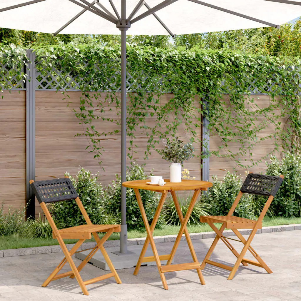 Set da Bistrot 3 pz Nero in Polyrattan e Legno Massello