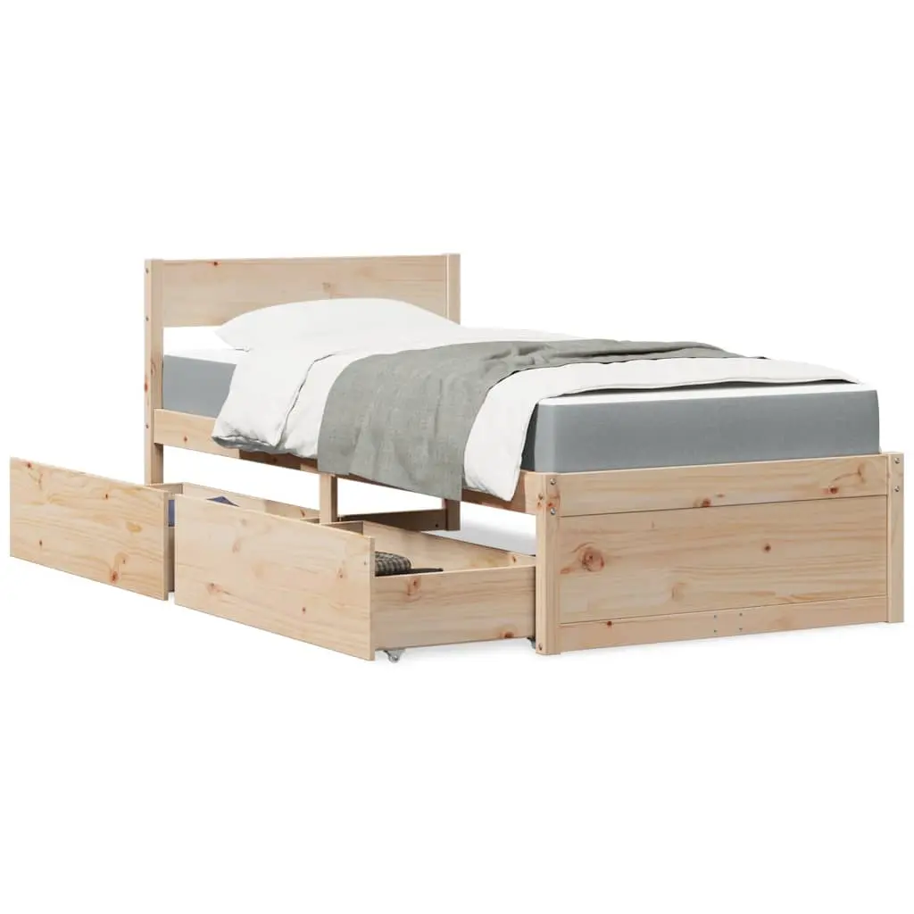 Letto con Cassetti e Materasso 100x200 cm Legno Massello Pino