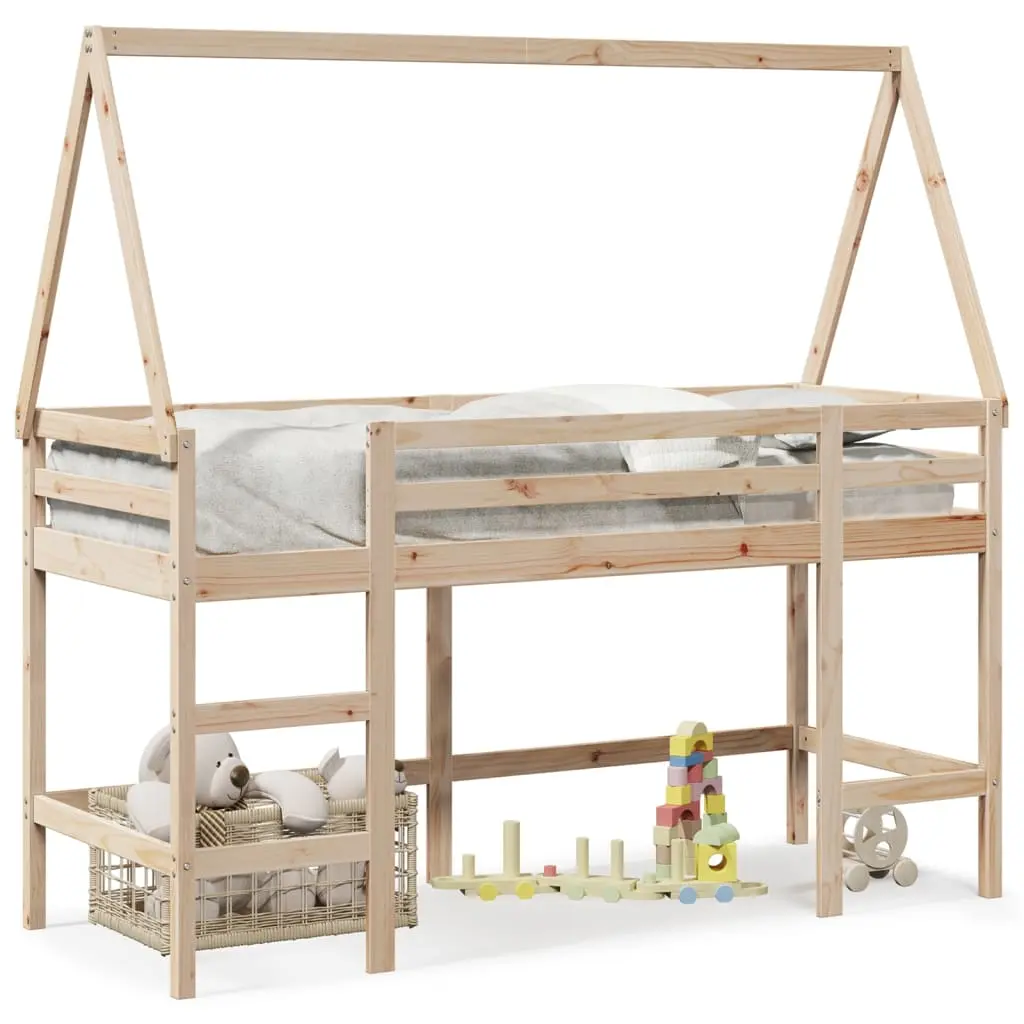 Letto Soppalco con Scala e Tetto 90x200 cm Legno Massello Pino