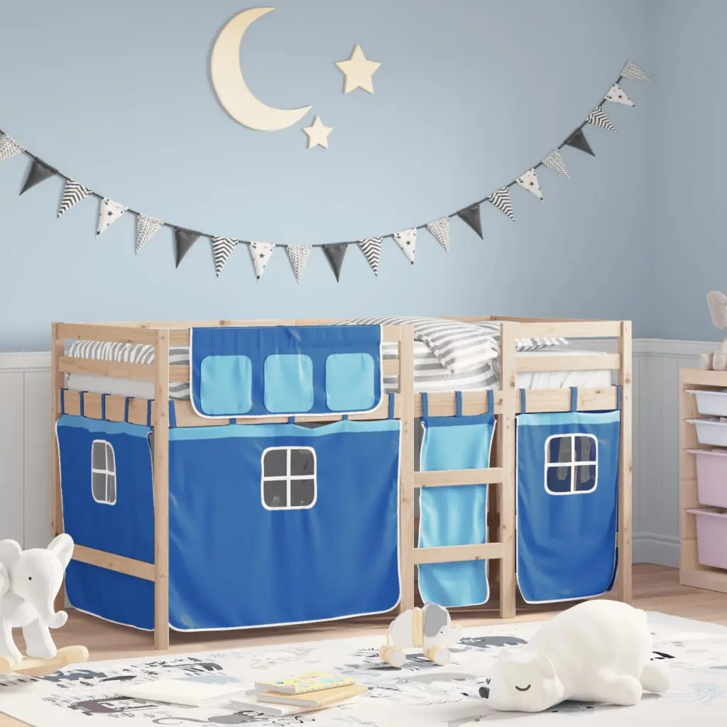 Letto a Soppalco con Tende Bambini Blu 80x200 cm Massello Pino