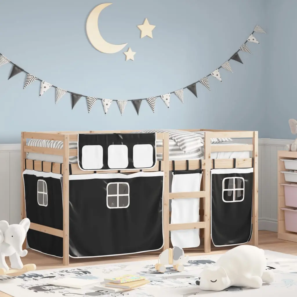 Letto a Soppalco Bambini con Tende Bianco e Nero 90x190 cm Pino