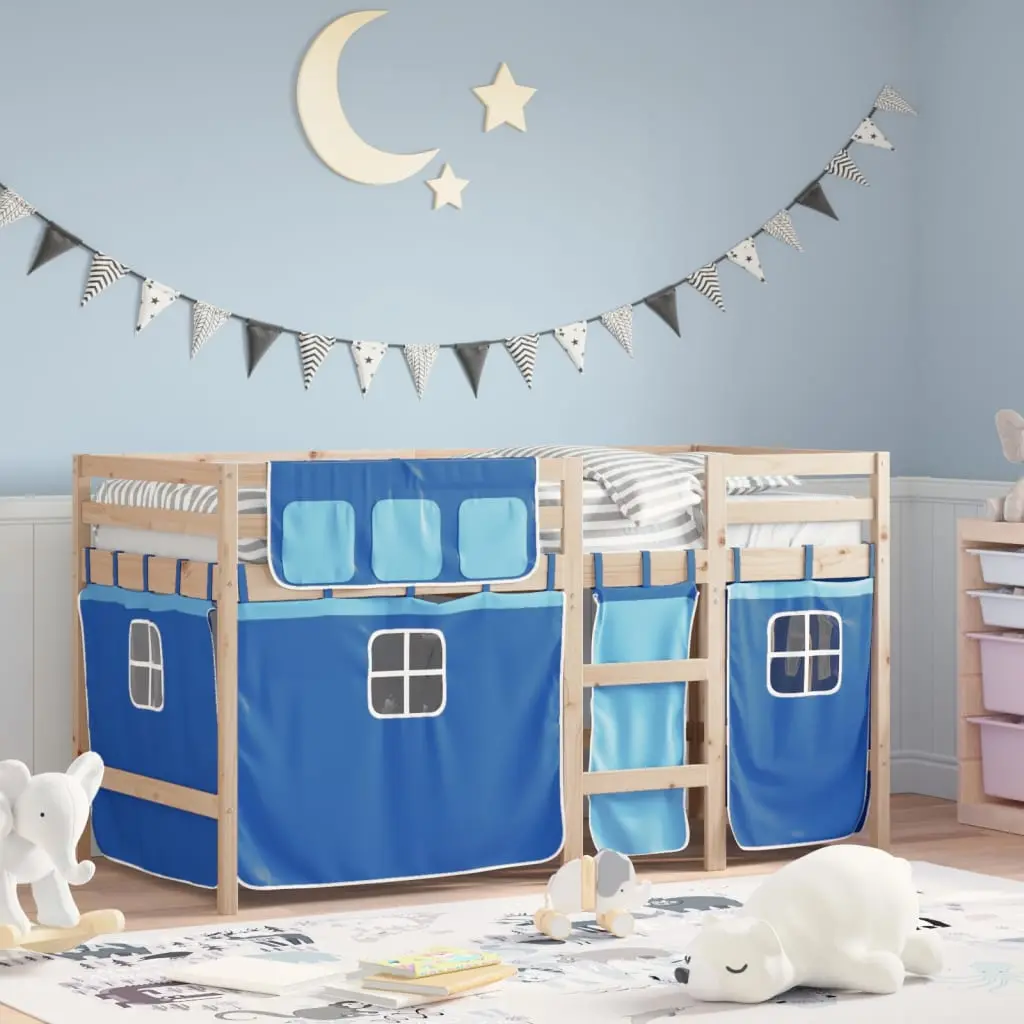 Letto a Soppalco Bambini con Tende Blu 90x190 cm Massello Pino