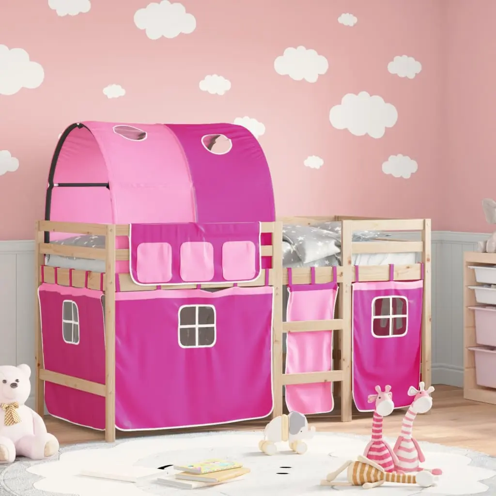 Letto a Soppalco con Tunnel Bambini Rosa 90x200cm Massello Pino