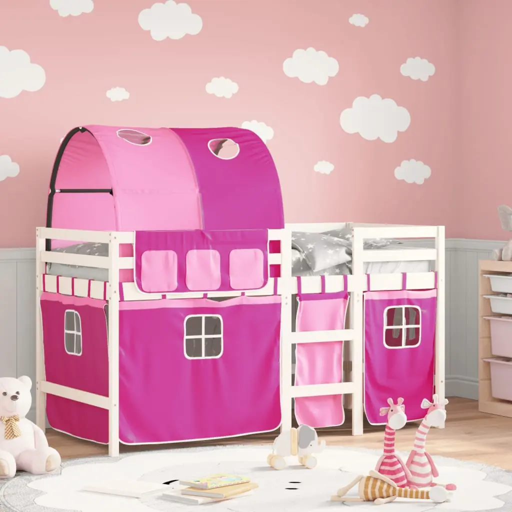 Letto a Soppalco con Tunnel Bambini Rosa 90x200cm Massello Pino