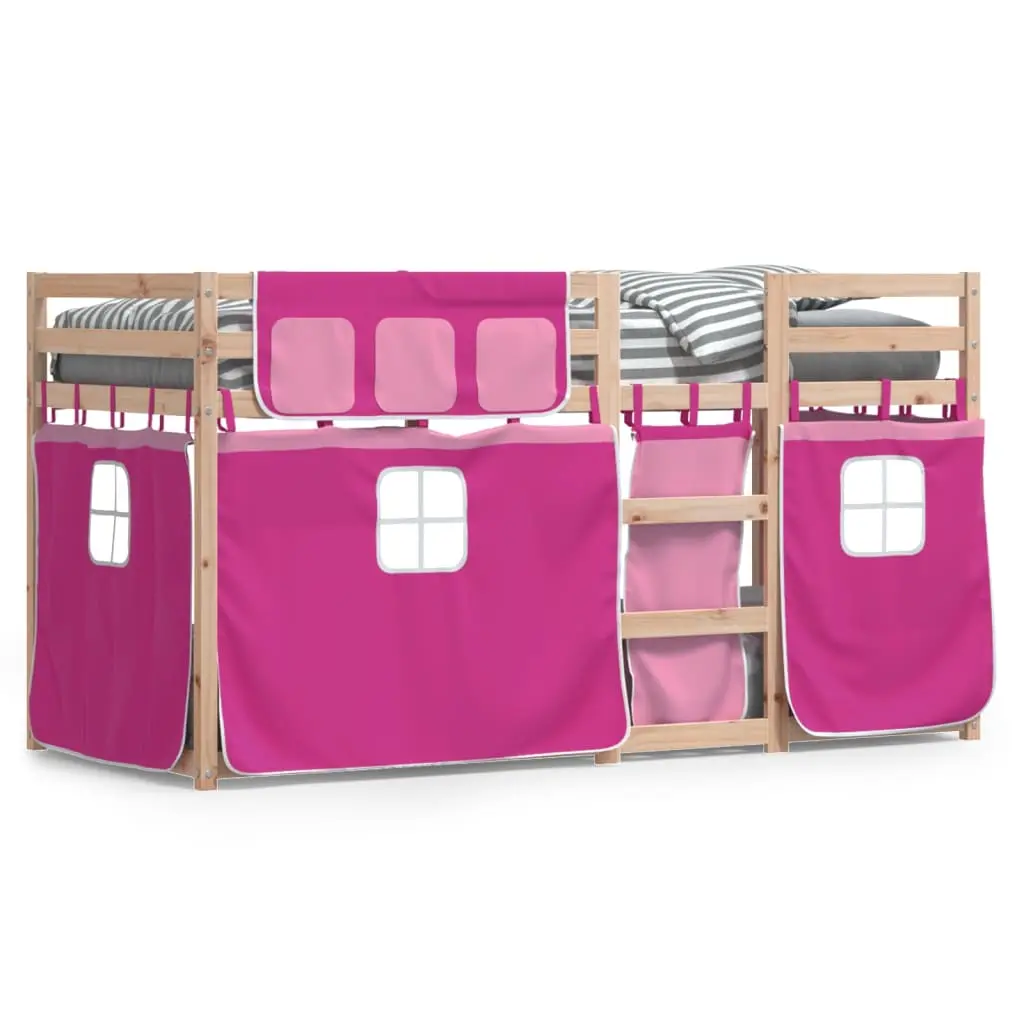 Letto a Castello con Tende Rosa 75x190 cm Legno Massello Pino