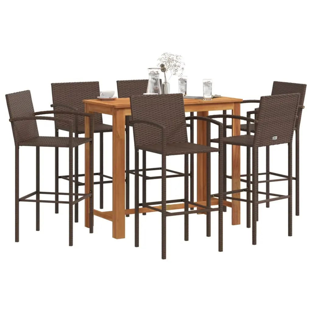 Set Bar Giardino 7pz Marrone Legno Massello Acacia e Polyrattan