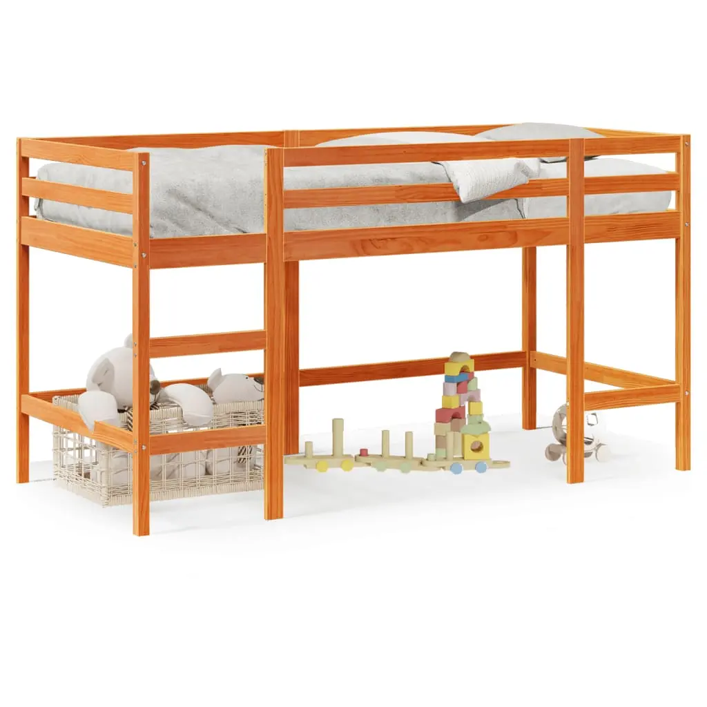 Letto Soppalco con Scala Bambini Marrone 80x200cm Massello Pino