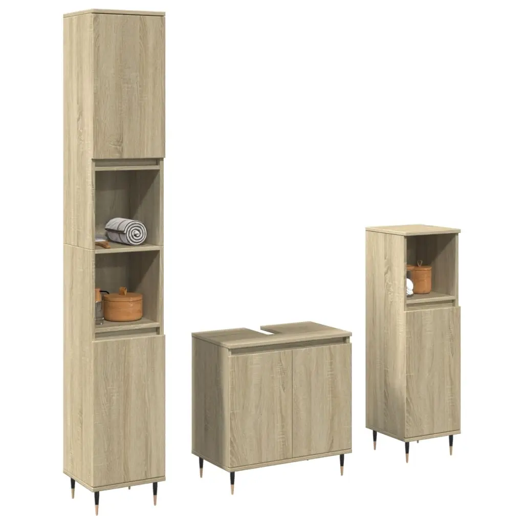 Set Mobili da Bagno 3 pz Rovere Sonoma in Legno Multistrato