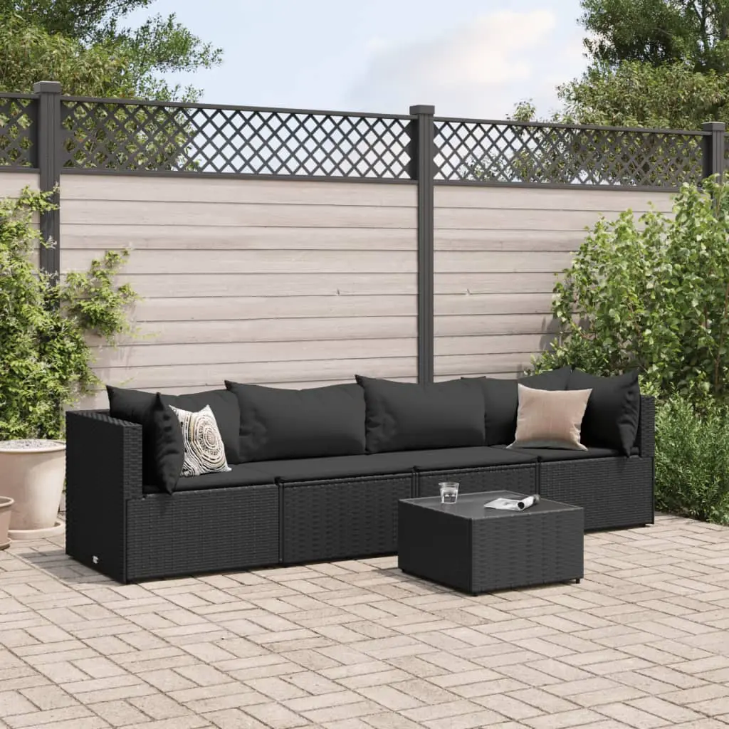 Set Divani da Giardino 5 pz con Cuscini Nero in Polyrattan