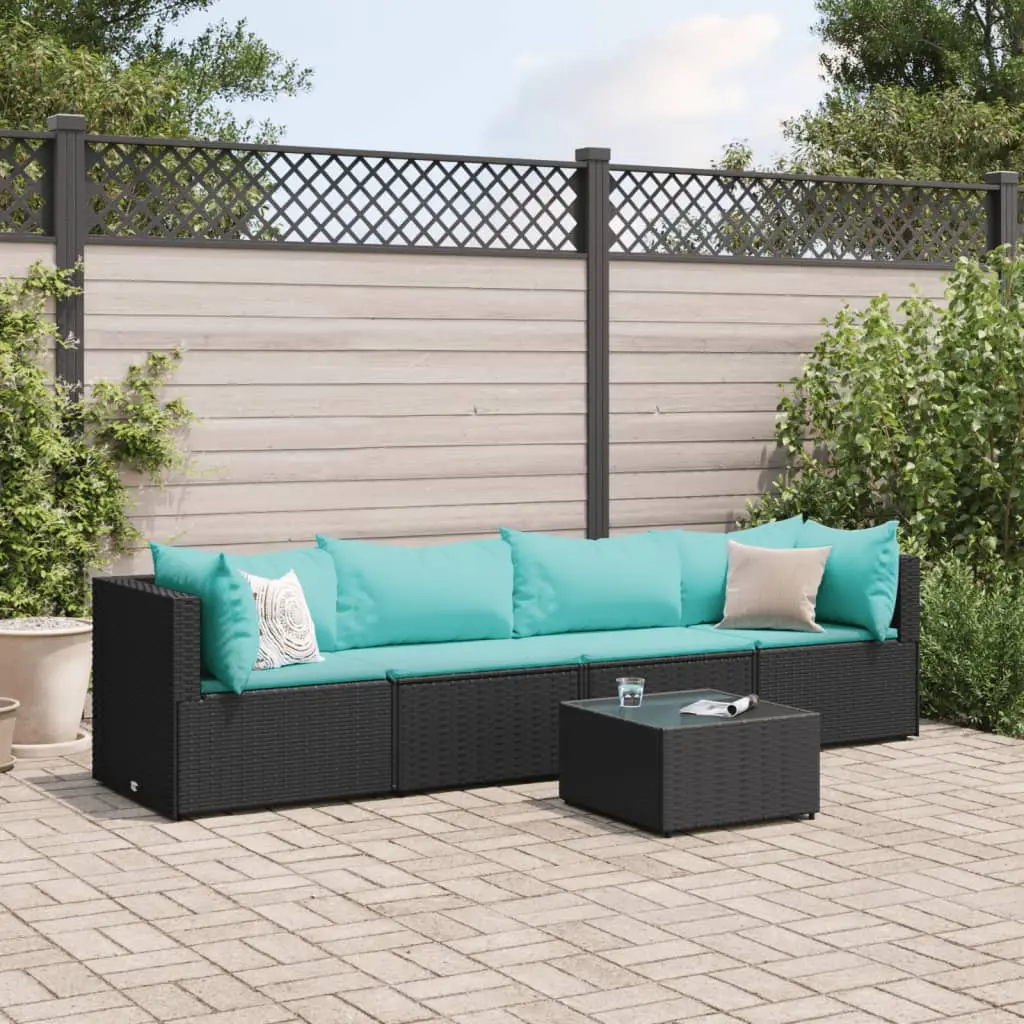 Set Divani da Giardino 5 pz con Cuscini Nero in Polyrattan