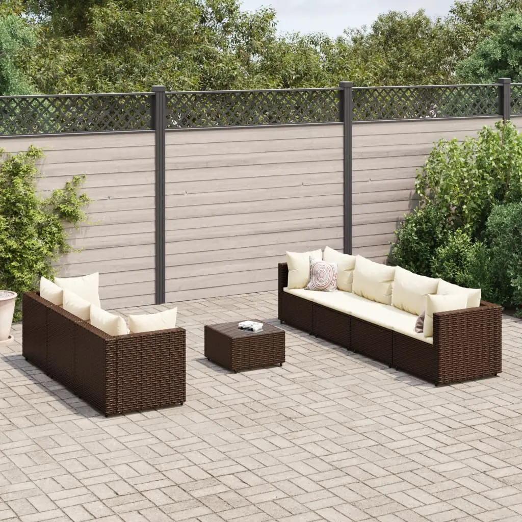 Set Divani da Giardino 8 pz con Cuscini in Polyrattan Marrone