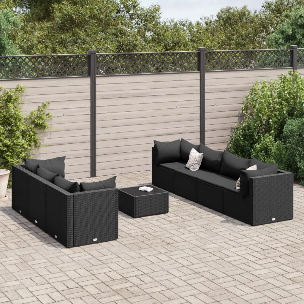 Set Mobili da Giardino con Cuscini 8 pz Nero in Polyrattan