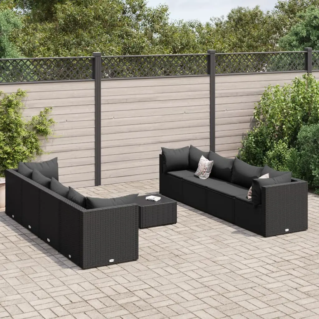 Set Salotto da Giardino con Cuscini 9pz Nero in Polyrattan