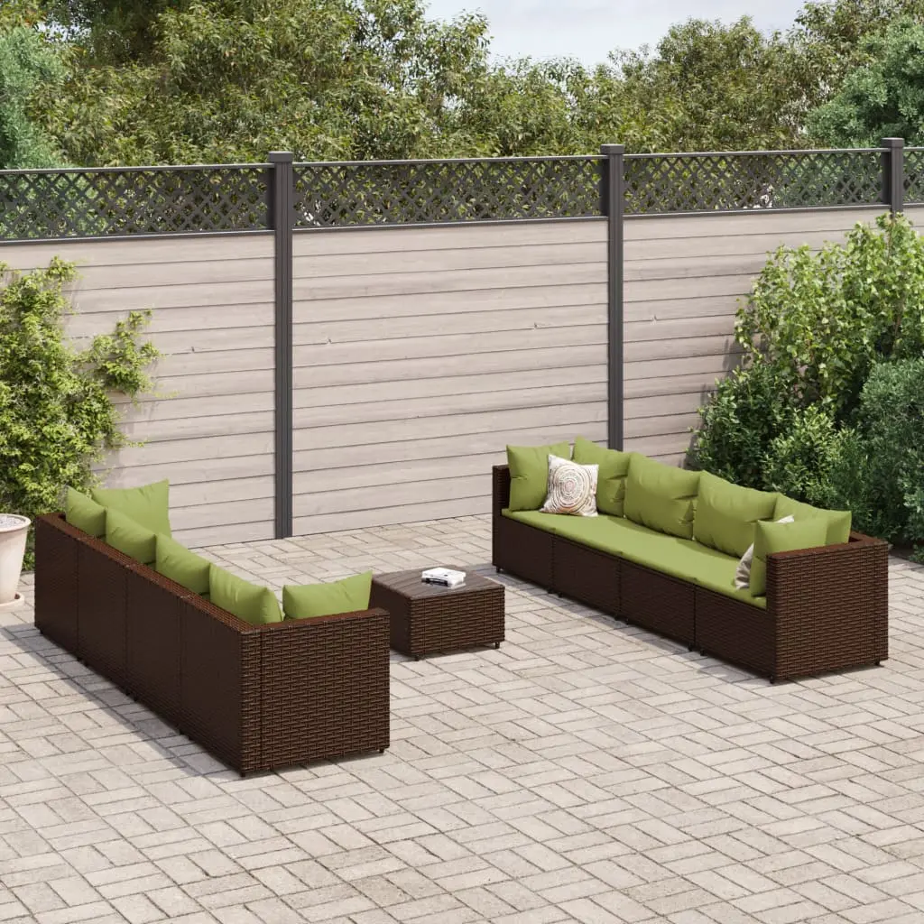 Set Divani da Giardino 9 pz con Cuscini in Polyrattan Marrone