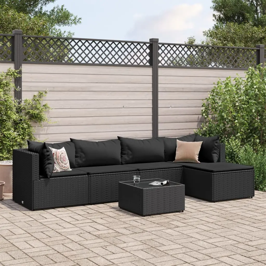 Set Mobili da Giardino 6 pz con Cuscini in Polyrattan Nero